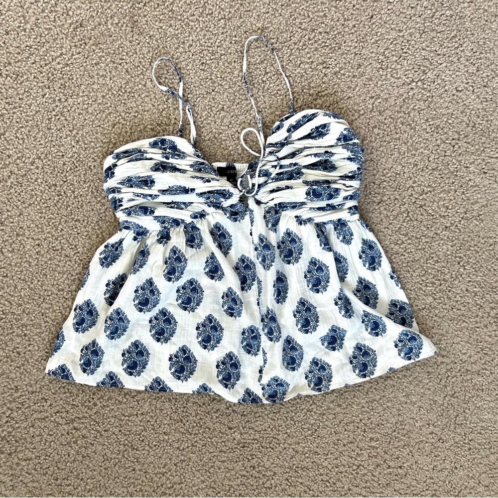 J. Crew White and Navy Floral Smocked Tank Top